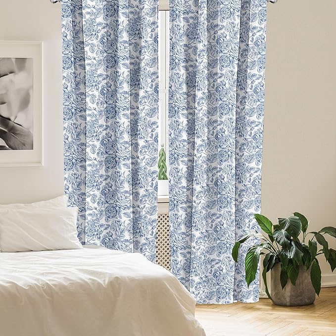 Ambesonne Rose Window Curtains Pack of 2, Vintage Design of Monochromatic Flowers with Leaves Drawing, Lightweight Set with Rod Pocket, 4 Panels of - 28" x 95", Pale Blue