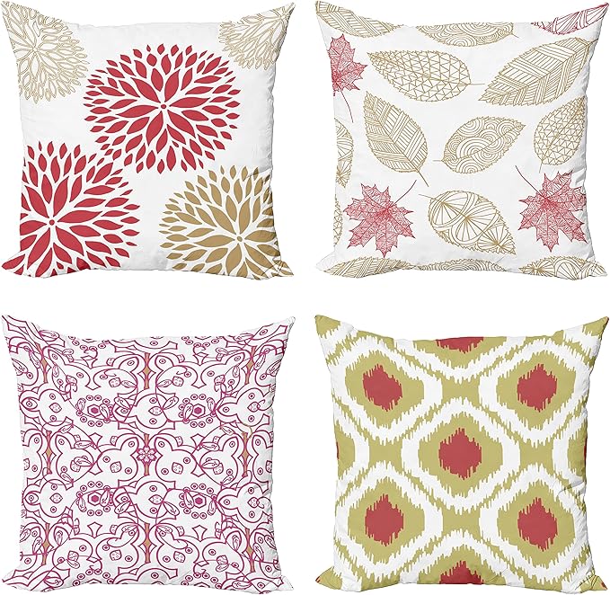 Ambesonne Vintage Throw Pillow Cushion Case Pack of 4, Bohemian Ornamental Leaves Dahlia Pattern Geometric Art Curlicue Motif, Modern Accent Double-Sided Digital Printing, 24", Dark Pink and Camel