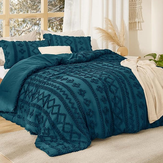 Bedsure Tufted Boho Comforter Set California King - Teal Boho Bed Set, GentleSoft 3 Pieces Farmhouse Shabby Chic Embroidery Bedding, Gifts for Woman, Soft Jacquard Comforter for All Seasons
