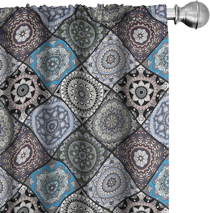 Ambesonne Moroccan Curtains, Detailed Flower Designs with Checkered Pattern and Antique Cultural Inspirations, Window Treatments 2 Panel Set for Living Room Bedroom, Pair of - 28" x 95", Blue Black