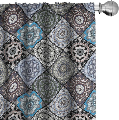 Ambesonne Moroccan Curtains, Detailed Flower Designs with Checkered Pattern and Antique Cultural Inspirations, Window Treatments 2 Panel Set for Living Room Bedroom, Pair of - 28" x 95", Blue Black
