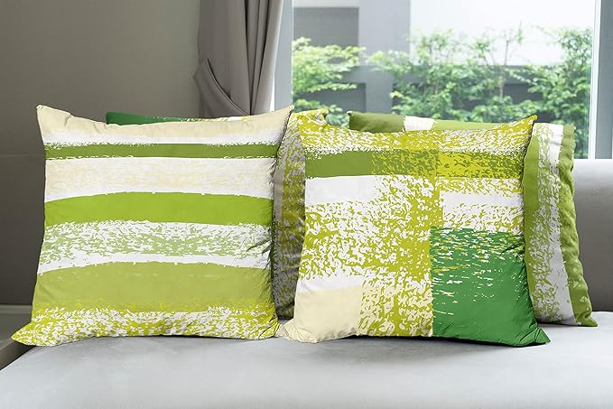 Ambesonne Grunge Throw Pillow Cushion Case Pack of 4, Abstract Design Simplistic Minimal Stripes Brushstrokes Contemporary, Modern Accent Double-Sided Digital Printing, 16", Lime Green Cream and White