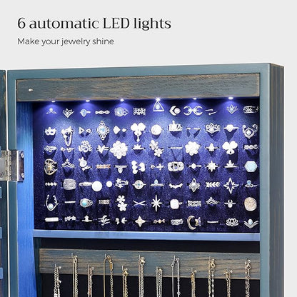 SONGMICS 6 LEDs Mirror Jewelry Cabinet, 47.2-Inch Tall Lockable Wall or Door Mounted Jewelry Armoire Organizer with Mirror, 2 Drawers, Christmas Gift, 3.9 x 14.6 x 47.2 Inches, Rustic Blue