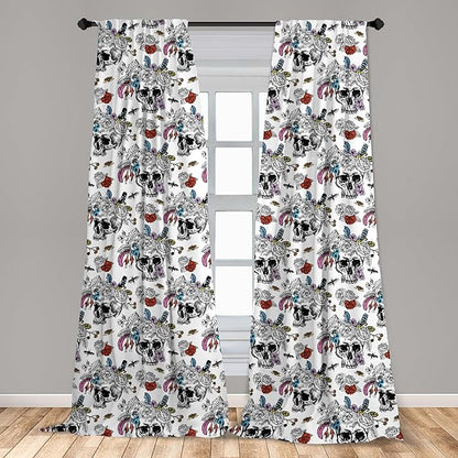 Ambesonne Gothic Window Curtains, Day of The Dead Inspired Human Skulls Design with Colorful Flowers Mexican Tradition, Lightweight Decor 2-Panel Set with Rod Pocket, Pair of - 28" x 95", Black Red