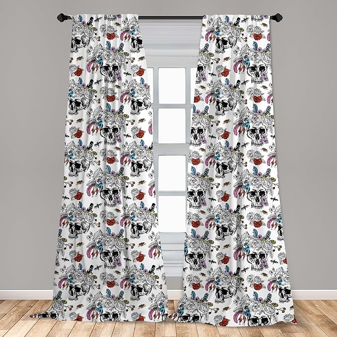 Ambesonne Gothic Window Curtains, Day of The Dead Inspired Human Skulls Design with Colorful Flowers Mexican Tradition, Lightweight Decor 2-Panel Set with Rod Pocket, Pair of - 28" x 84", Black Red
