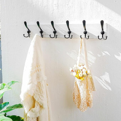 Dseap Coat Rack Wall Mounted - 24" Long 6 Tri Hooks, Heavy Duty Wooden Wall Coat Hanger Coat Hook for Clothes Hat Jacket Clothing, White and Black