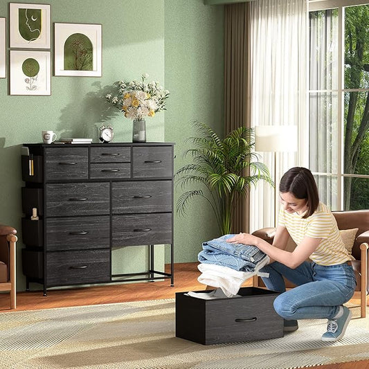 Dresser for Bedroom with 10 Drawers, Chest of Drawers with Side Pockets, Hooks, Wooden Top and Sturdy Metal Frame, Fabric Dresser Drawers for Living Room, Hallway (Black Wood Veins)