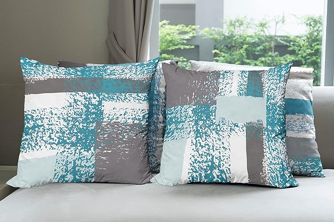 Ambesonne Grunge Throw Pillow Cushion Case Pack of 4, Abstract Design Simplistic Minimal Stripes Brushstrokes Contemporary, Modern Accent Double-Sided Digital Printing, 16", Sea Blue Grey and White