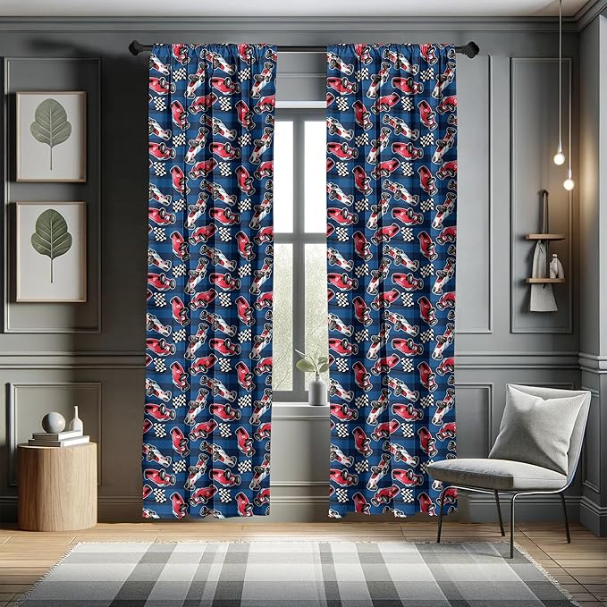 Ambesonne Cars Window Curtains, Vintage Racing Cars on Blue Stripes with Checkered Flags Automobile Sports, Lightweight Decor 2-Panel Set with Rod Pocket, Pair of - 28" x 95", Navy Blue