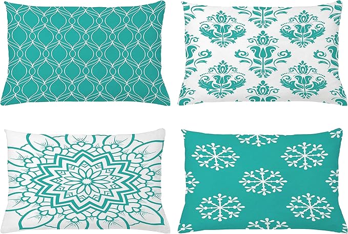 Ambesonne Retro Throw Pillow Cushion Case Pack of 4, Trellis Grid Medieval Floral Damask Mandala Flower Ornament in Modern Monochrome, Modern Accent Double-Sided Printing, 20" x 12", Dark Seafoam
