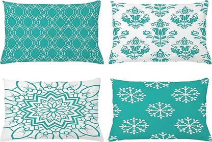 Ambesonne Retro Throw Pillow Cushion Case Pack of 4, Trellis Grid Medieval Floral Damask Mandala Flower Ornament in Modern Monochrome, Modern Accent Double-Sided Printing, 20" x 12", Dark Seafoam