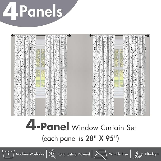 Ambesonne Black and White Window Curtains Pack of 2, Vintage Swirls Pattern with Monochrome Ornamental Old-Fashioned Design, Lightweight Set with Rod Pocket, 4 Panels of - 28" x 95", Black White