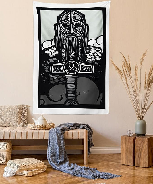 Lunarable Viking Tapestry Queen Size, Thor Son of Odin Monochrome Design Guardian of Asgard Scandinavian Culture, Wall Hanging Bedspread Bed Cover Wall Decor, Queen Size, Black White