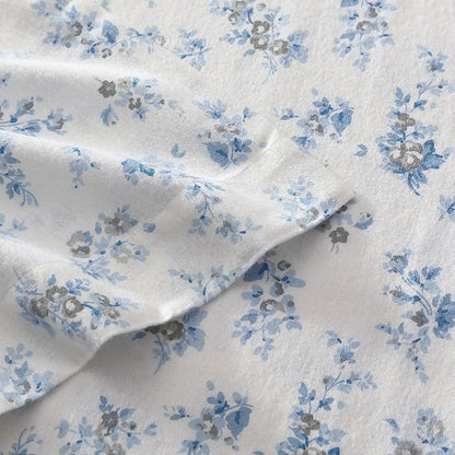 Laura Ashley - Flannel Sheets Twin Size, Anti-Pilling & Wrinkle Resistant Cotton, Touchably Soft for All-Season Comfort - Bed Sheets with Matching Pillowcase & Fitted Sheet (Audrey Blue)