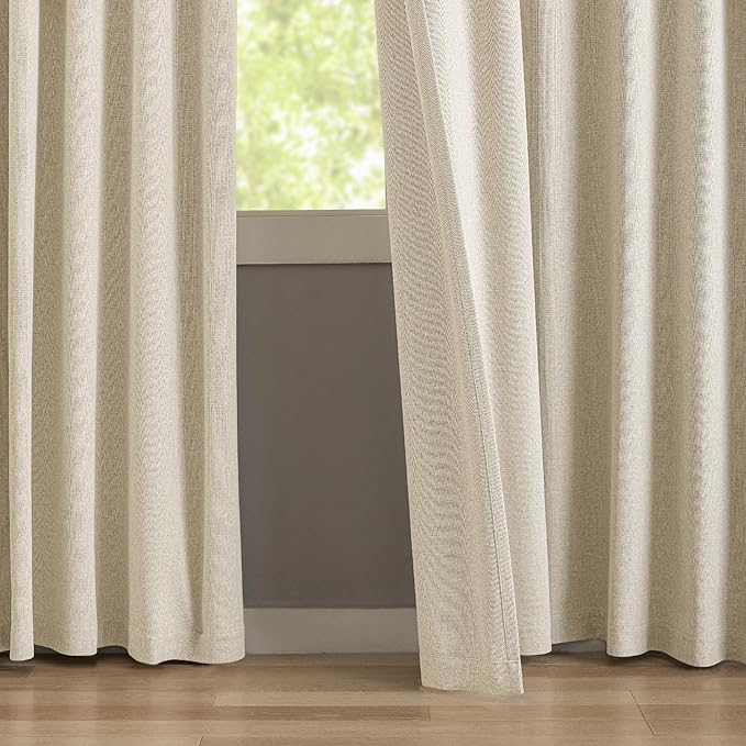 KangBang Pinch Pleat Blackout Linen Curtains 102 Inches Long, Pleated Linen Drapes 2 Panels Set for Living Room Dining with Hooks, Soft Elegant Window Treatments with Hooks,42Wx102L, Natural Beige