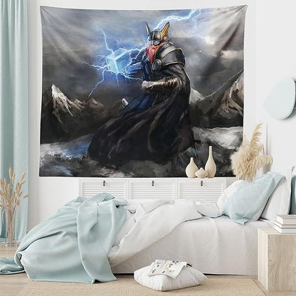 Lunarable Viking Tapestry, Thor Mjolnir and Thunder Flying Over Mountains Angry Warrior from Norse Myths, Wide Wall Hanging for Bedroom Living Room Dorm, 80" X 60", Grey Yellow