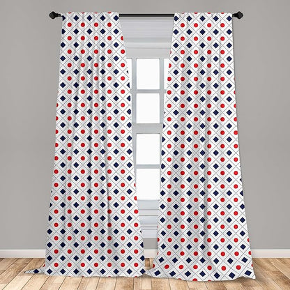 Ambesonne Abstract Window Curtains, Big Red Dots Squares and Dashed Lines Geometric Tile Print, Lightweight Decor 2-Panel Set with Rod Pocket, Pair of - 28" x 84", Dark Blue Navy