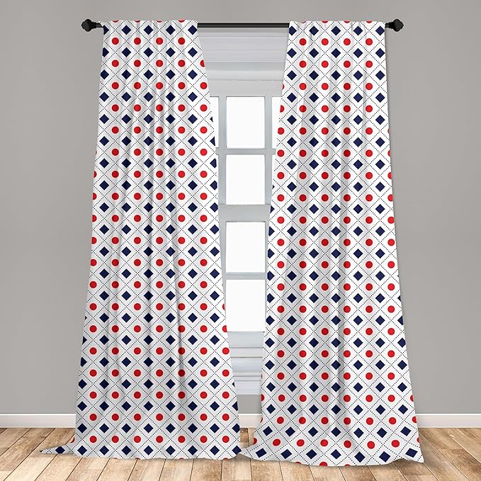 Ambesonne Abstract Window Curtains, Big Red Dots Squares and Dashed Lines Geometric Tile Print, Lightweight Decor 2-Panel Set with Rod Pocket, Pair of - 28" x 63", Dark Blue Navy