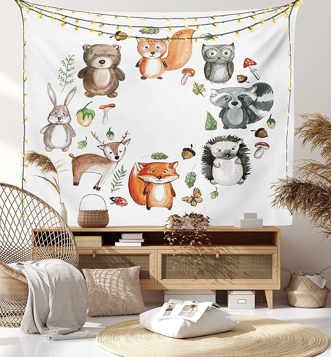Lunarable Woodland Tapestry, Animals of The Forest Mushrooms Acorns Circular Frame Cartoon Pastel Colors, Wall Hanging for Bedroom Living Room Dorm Decor, 60" X 80", Multicolor