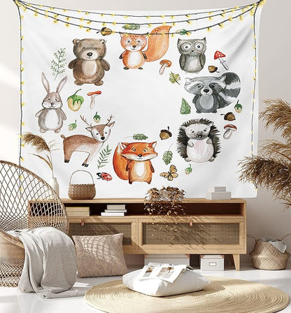 Lunarable Woodland Tapestry, Animals of The Forest Mushrooms Acorns Circular Frame Cartoon Pastel Colors, Wall Hanging for Bedroom Living Room Dorm Decor, 60" X 80", Multicolor