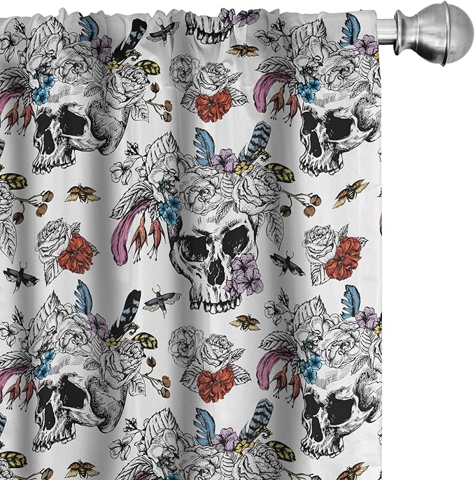 Ambesonne Gothic Window Curtains, Day of The Dead Inspired Human Skulls Design with Colorful Flowers Mexican Tradition, Lightweight Decor 2-Panel Set with Rod Pocket, Pair of - 28" x 95", Black Red