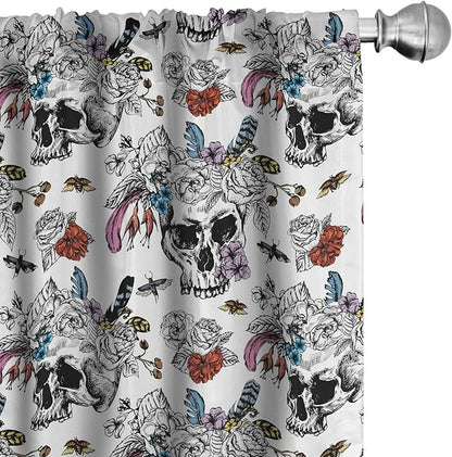Ambesonne Gothic Window Curtains, Day of The Dead Inspired Human Skulls Design with Colorful Flowers Mexican Tradition, Lightweight Decor 2-Panel Set with Rod Pocket, Pair of - 28" x 95", Black Red