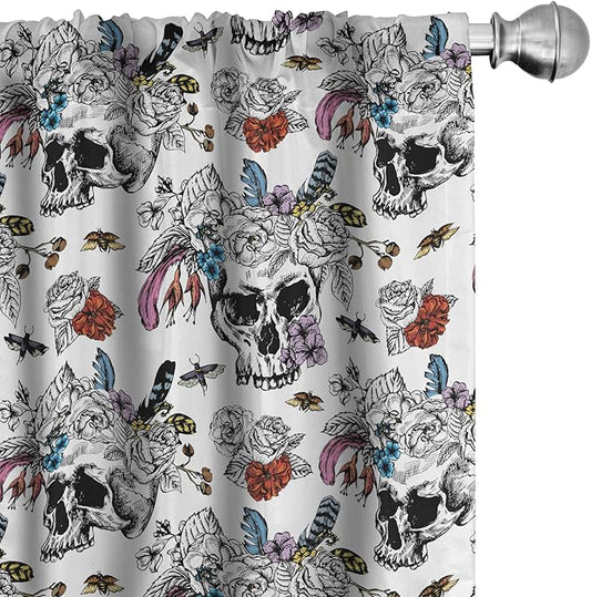 Ambesonne Gothic Window Curtains, Day of The Dead Inspired Human Skulls Design with Colorful Flowers Mexican Tradition, Lightweight Decor 2-Panel Set with Rod Pocket, Pair of - 28" x 95", Black Red