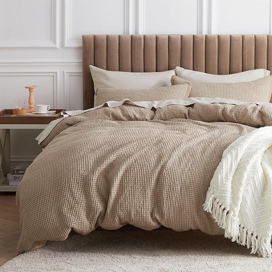 Bedsure Cotton Duvet Cover Queen - 100% Cotton Waffle Weave Khaki Duvet Cover Queen Size, GentleSoft™ and Breathable Tan Bedding Set for All Season, 3 Pieces, 90"x90"