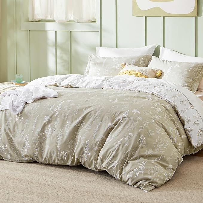 Bedsure King Comforter Set - Linen Bed Set, 3 Pieces Cute Floral Bedding, 1 Soft Reversible Botanical Flowers Comforter and 2 Pillow Shams