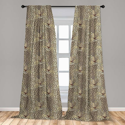 Ambesonne Leopard Print Curtains, Repetitive Cartoon Leo Wild Big Cat Faces in Natural Earthy Tones, Window Treatments 2 Panel Set for Living Room Bedroom, Pair of - 28" x 95", Tan