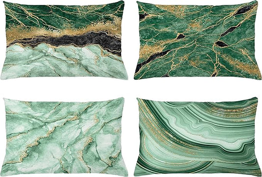 Ambesonne Marble Print Throw Pillow CushiCase Pack 4, Abstract Look Nature Stone Ornaments Modern Minty Details Print, Modern Accent Double-Sided Digital Printing, 20" x 12", Jade Green Dark Grey