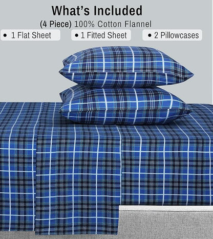 RUVANTI Flannel Sheets Split King Size - 100% Cotton Brushed Split King Bed Sheets Set, Deep Pockets 16 Inches, All Seasons Breathable & Extra Soft, Warm & Cozy, 5 Piece, Blue Plaid