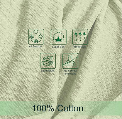 COTTON CRAFT Soft Cotton Thermal Blanket - Plush Herringbone Twill - All Season Luxurious Breathable Skin Friendly Lightweight Cooling Throw Blanket - Sofa Couch Travel Camping Dorm - Full Queen Sage
