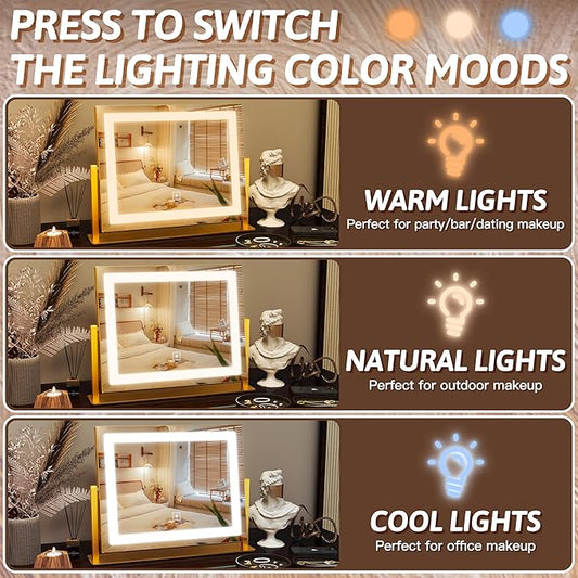 FENNIO Vanity Mirror with Lights, 12" x 16" Lighted Makeup Mirror with Smart Touch Control, 3 Color Modes & Brightness Adjustable, LED Makeup Mirror with 10X Magnification, Square Gold