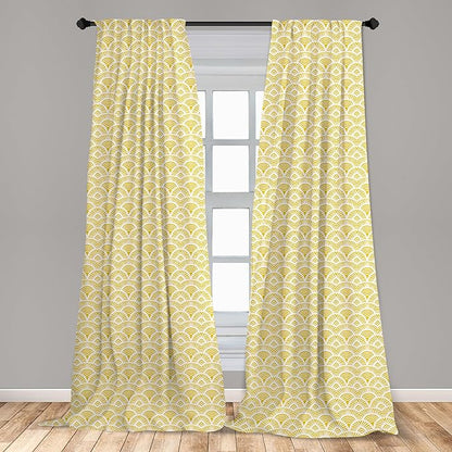 Ambesonne Abstract Window Curtains, Hand Drawn Vintage Half Circles Sun Themed Bohemian Ornamental Vibrant Pattern, Lightweight Decor 2-Panel Set with Rod Pocket, Pair of - 28" x 84", White and Yellow