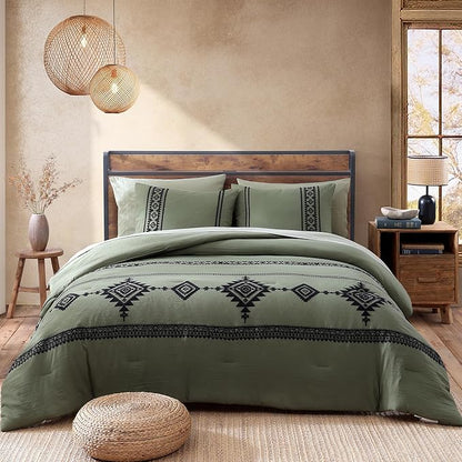 MaiRêve California King Comforter Set Olive Green, Embroidery Western Bedding Set Boho 7 Pieces, Farmhouse All-Season Bed in A Bag with Sheets, Pillowcases & Shams
