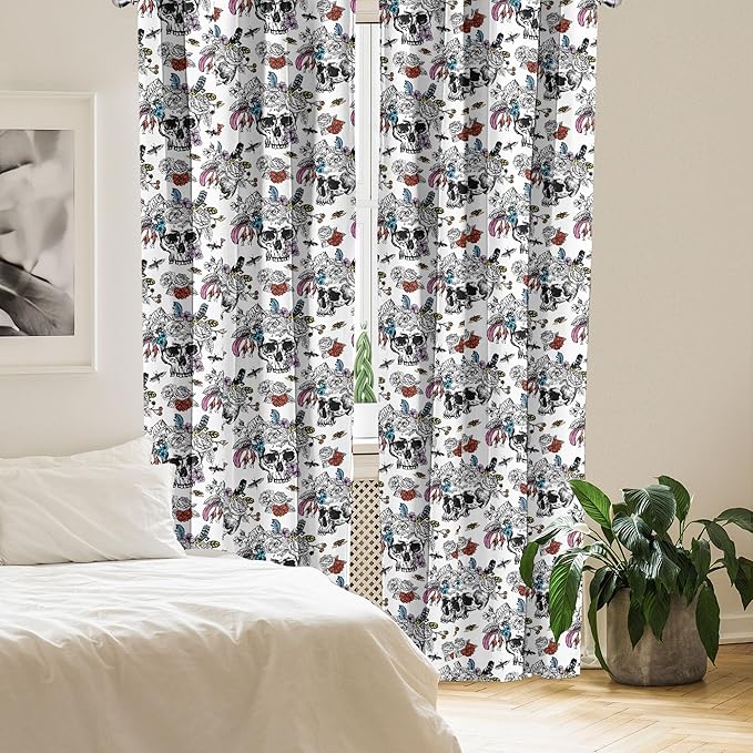 Ambesonne Gothic Window Curtains, Day of The Dead Inspired Human Skulls Design with Colorful Flowers Mexican Tradition, Lightweight Decor 2-Panel Set with Rod Pocket, Pair of - 28" x 63", Black Red