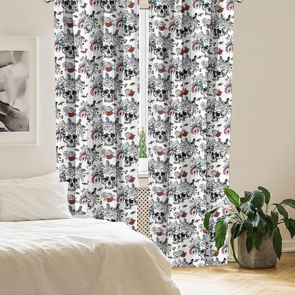 Ambesonne Gothic Window Curtains, Day of The Dead Inspired Human Skulls Design with Colorful Flowers Mexican Tradition, Lightweight Decor 2-Panel Set with Rod Pocket, Pair of - 28" x 63", Black Red