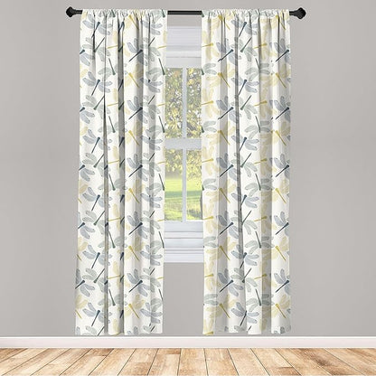 Ambesonne Dragonfly Window Curtains Pack of 2, Colorful Silhouettes of Exotic Insects Open Wings Beauty of Nature, Lightweight Set with Rod Pocket, 4 Panels of - 28" x 63", Green Mustard