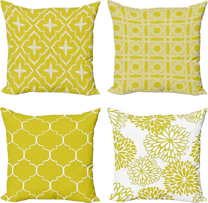 Ambesonne Vintage Throw Pillow Cushion Case Pack of 4, Monochrome Design Grid Trellis Quatrefoil Mesh and Dahlia Flowers Modern Print, Modern Accent Double-Sided Digital Printing, 18", Yellow White