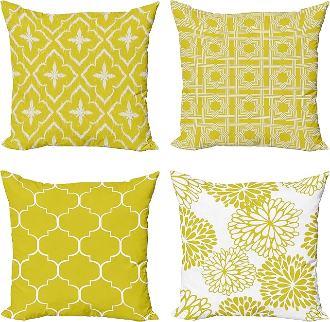 Ambesonne Vintage Throw Pillow Cushion Case Pack of 4, Monochrome Design Grid Trellis Quatrefoil Mesh and Dahlia Flowers Modern Print, Modern Accent Double-Sided Digital Printing, 24", Yellow White
