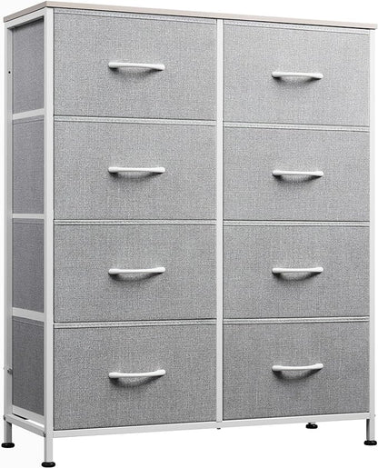 WLIVE Fabric Dresser for Bedroom, Tall Dresser with 8 Drawers, Storage Tower with Fabric Bins, Double Dresser, Chest of Drawers for Closet, Playroom, Dormitory, Light Grey