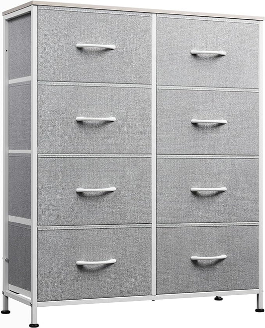 WLIVE Fabric Dresser for Bedroom, Tall Dresser with 8 Drawers, Storage Tower with Fabric Bins, Double Dresser, Chest of Drawers for Closet, Playroom, Dormitory, Light Grey