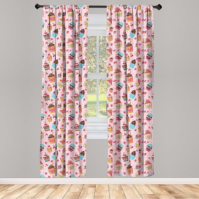 Ambesonne Pink Window Curtains, Kitchen Cupcakes Muffins Strawberries and Cherries Food Eating Sweets Print, Lightweight Decor 2-Panel Set with Rod Pocket, Pair of - 28" x 63", Brown Pink