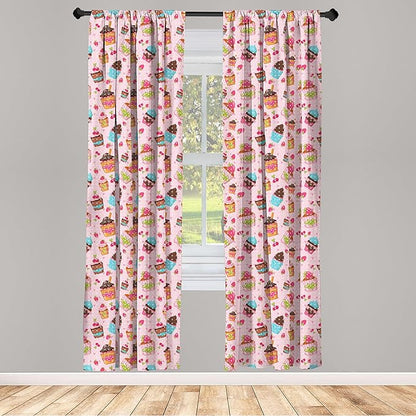 Ambesonne Pink Window Curtains, Kitchen Cupcakes Muffins Strawberries and Cherries Food Eating Sweets Print, Lightweight Decor 2-Panel Set with Rod Pocket, Pair of - 28" x 63", Brown Pink