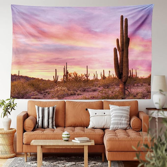 Ambesonne Saguaro Tapestry, Saguaros Wilderness Nature Ecosystem Sun Rays Clouds Scenic Picture, Wide Wall Hanging for Bedroom Living Room Dorm, 80" X 60", Lilac Pale Pink Green