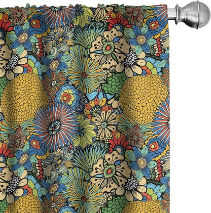 Ambesonne Garden Art Window Curtains, Whimsical Florist Pattern with Doodle Funny Plants Rich Summer Nature, Lightweight Decor 2-Panel Set with Rod Pocket, Pair of - 28" x 84", Multicolor