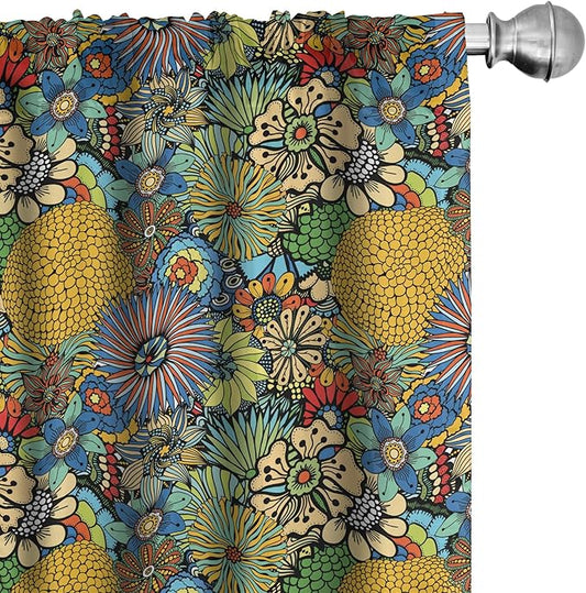 Ambesonne Garden Art Window Curtains, Whimsical Florist Pattern with Doodle Funny Plants Rich Summer Nature, Lightweight Decor 2-Panel Set with Rod Pocket, Pair of - 28" x 84", Multicolor