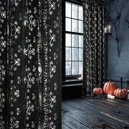 NICETOWN Black Voile Sheer with Glitter Silver Web, Grommet Halloween Spider Pattern for Window Decor, Party & Seasonal Home, W54 x L96, 2 Panels