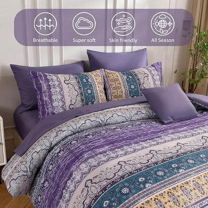 Boho King Size Comforter Set 8 Pieces, Violet Bohemian Striped Bed in a Bag, Paisley Soft Microfiber Bedding Comforter Set